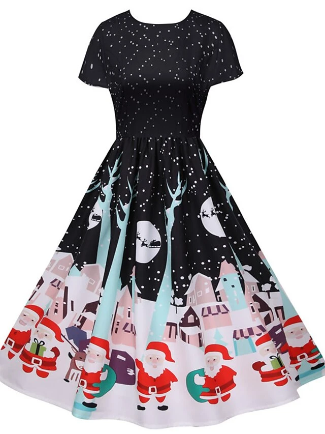 Women's Christmas Knee Length Dress Green Black Red Short Sleeve Print Print Fall Winter Round Neck Casual Vintage2021 S M L XL XXL 11 Women's Christmas Knee Length Dress Green Black Red Short Sleeve Print Print Fall Winter Round Neck Casual Vintage2021 S M L XL XXL - Image 11