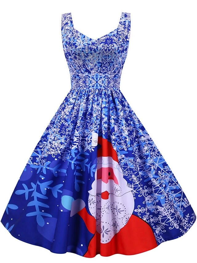 Women's Christmas Knee Length Dress Purple Black Red Navy Blue Light Blue Sleeveless Print Bow Print Fall Winter V Neck Casual Vintage2021 S M L XL XXL 16 Women's Christmas Knee Length Dress Purple Black Red Navy Blue Light Blue Sleeveless Print Bow Print Fall Winter V Neck Casual Vintage2021 S M L XL XXL - Image 16