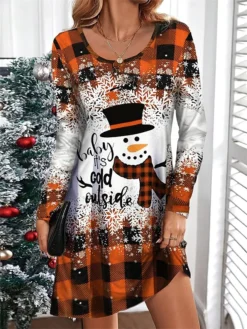 Women's Casual Dress Christmas Dress T Shirt Dress Tee Dress Plaid Snowman Print V Neck Mini Dress Fashion Streetwear Outdoor Christmas Long Sleeve Loose Fit Wine Blue Orange Fall Winter S M L XL XXL -Fashion Life Shop qdmavk1695382864687