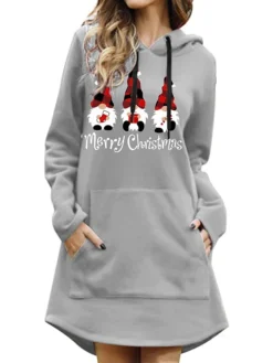 Women's Casual Dress Christmas Dress Hoodie Dress Letter Santa Claus Pocket Print Hooded Mini Dress Active Fashion Outdoor Christmas Long Sleeve Loose Fit Black Khaki Gray Fall Winter S M L XL XXL