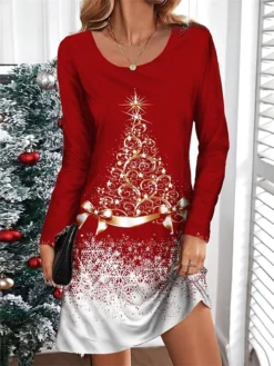Women's Casual Dress Christmas Dress T Shirt Dress Tee Dress Christmas Tree Snowflake Print V Neck Mini Dress Fashion Streetwear Outdoor Christmas Long Sleeve Loose Fit Black Wine Navy Blue Fall