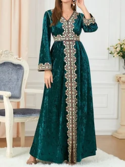 Women's Casual Dress Velvet Dress Swing Dress Long Dress Maxi Dress Lace Embroidered Outdoor Christmas Daily Fashion Elegant V Neck Long Sleeve 2023 Loose Fit Dark Green Color M L XL XXL Size -Fashion Life Shop qfdewi1695206512480