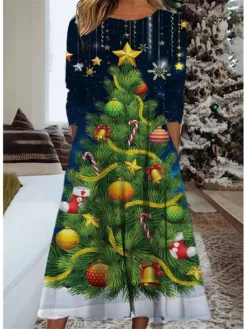 Women's Christmas Casual Dress Swing Dress Midi Dress Green Wine Red Long Sleeve Santa Claus Pocket Winter Fall Autumn Fashion Daily Weekend 2022 S M L XL XXL 3XL -Fashion Life Shop qfwfdn1667990733063