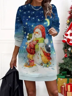 Women‘s Christmas Casual Dress Sweatshirt Dress Mini Dress Warm Fashion Outdoor Holiday Crew Neck Print Geometric Snowman Loose Fit Black Yellow Wine S M L XL XXL -Fashion Life Shop qgesnl1695636232190