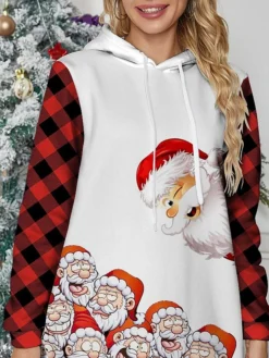 Women's Christmas Dress Hoodie Dress Mini Dress Warm Fashion Outdoor Christmas Holiday Hoodie Print Santa Claus Loose Fit White S M L XL XXL -Fashion Life Shop qhmcoa1697538966581