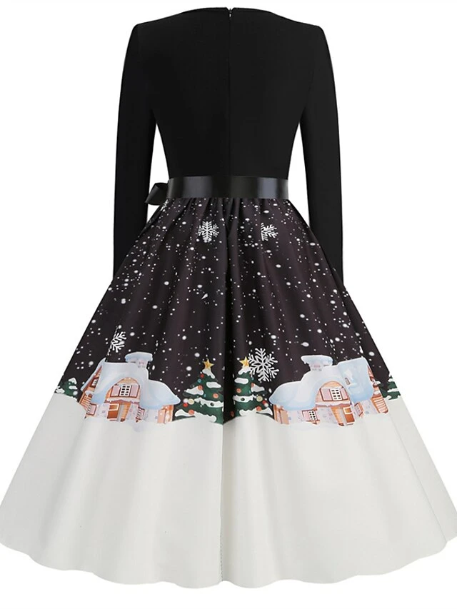 Women's Christmas Vintage Dress Midi Dress Black And White Green Black Long Sleeve Santa Claus Bow Winter Fall Autumn Square Neck Stylish Christmas Vacation 2022 S M L XL XXL 3XL 16 Women's Christmas Vintage Dress Midi Dress Black And White Green Black Long Sleeve Santa Claus Bow Winter Fall Autumn Square Neck Stylish Christmas Vacation 2022 S M L XL XXL 3XL - Image 16