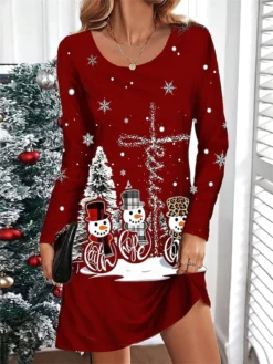Women's Casual Dress Christmas Dress T Shirt Dress Tee Dress Snowman Christmas Tree Print V Neck Mini Dress Fashion Streetwear Outdoor Christmas Long Sleeve Loose Fit Black Wine Navy Blue Fall Winter