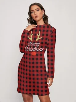 Women's Christmas Dress Sweater Dress Jumper Dress Midi Dress Warm Plaid Deer Outdoor Christmas Daily Holiday Round Neck Long Sleeve 2023 Regular Fit Red S M L XL XXL 3XL