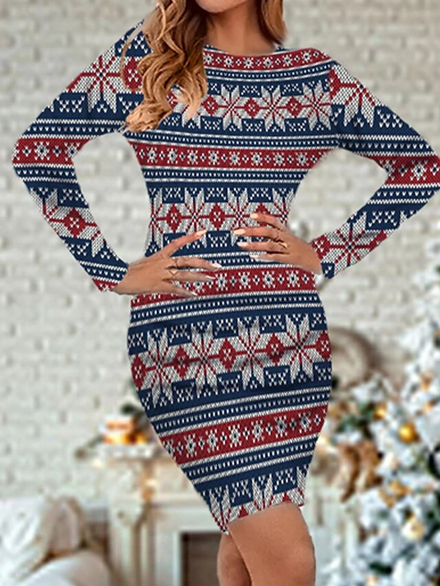Women's Christmas Casual Dress Bodycon Mini Dress Green Blue Red Long Sleeve Elk Snowflake Print Winter Fall Crew Neck Stylish Casual 2022 S M L XL XXL 3XL 4XL 5XL 6XL / Sheath Dress 3 Women's Christmas Casual Dress Bodycon Mini Dress Green Blue Red Long Sleeve Elk Snowflake Print Winter Fall Crew Neck Stylish Casual 2022 S M L XL XXL 3XL 4XL 5XL 6XL / Sheath Dress - Image 3