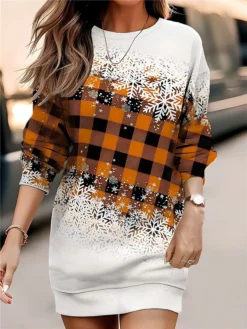 Women‘s Christmas Casual Dress Sweatshirt Dress Mini Dress Warm Fashion Outdoor Holiday Crew Neck Print Geometric Loose Fit Red Orange Green S M L XL XXL -Fashion Life Shop qjusch1695195034670