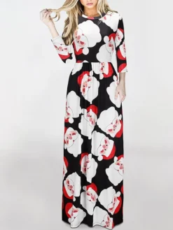 Women‘s Christmas Holiday Casual Vintage Dress Long Dress Maxi Dress Party Ruched Patchwork Santa Claus Crew Neck Long Sleeve Regular Fit Fall Winter 2023 Black White S M L XL -Fashion Life Shop qkdqxy1694165884528