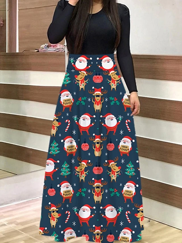 Women's Christmas Sheath DressMaxi Long Dress Green Light Red Dark Blue Red White Black Long Sleeve Floral Letter Bell Patchwork Print Fall Winter Round Neck Stylish Modern 2022 S M L XL 2 Women's Christmas Sheath DressMaxi Long Dress Green Light Red Dark Blue Red White Black Long Sleeve Floral Letter Bell Patchwork Print Fall Winter Round Neck Stylish Modern 2022 S M L XL - Image 2