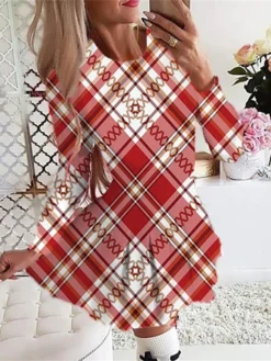 Women's Christmas Swing DressShort Mini Dress Light Pink Green Blue Red Light Blue Long Sleeve Plaid Santa Claus Tree Pleated Print Fall Winter Crew Neck Stylish Romantic -Fashion Life Shop qljmop1665485244843