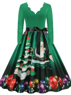 Women's Christmas Party Dress Swing DressKnee Length Dress Green Purple Wine Red Black Long Sleeve Santa Claus Elk Snowman Print Fall Winter V Neck Vintage Party Elegant Party 2022 S M L XL XXL 3XL -Fashion Life Shop qlobal1667874471793