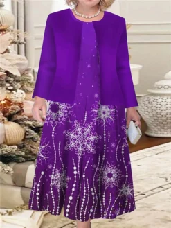 Women‘s Christmas Plus Size Curve Casual Dress Dress Set Two Piece Dress Floral Midi Dress Long Sleeve Print Crew Neck Fashion Outdoor Red Blue Fall Winter L XL XXL 3XL 4XL -Fashion Life Shop qlsklk1694151486554