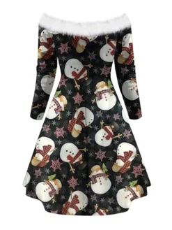 Women's Christmas Swing Dress Vintage Dress Mini Dress Green Blue Royal Blue Red White Black Long Sleeve Santa Claus Snowman Snowflake Feather Print Winter Fall Off Shoulder Stylish Elegant -Fashion Life Shop qludpw1666597371406