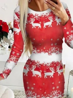 Women's Casual Dress Christmas Dress Sheath Dress Christmas Tree Snowflake Print Crew Neck Mini Dress Active Fashion Outdoor Christmas Long Sleeve Regular Fit Black White Red Fall S M L XL XXL -Fashion Life Shop qmilxg1695022321170