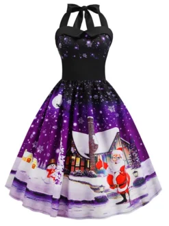 Women's Christmas Knee Length Dress Blue Purple Blushing Pink Red Sleeveless Print Lace Up Print Fall Summer Halter Neck VintageParty Slim 2021 S M L XL XXL -Fashion Life Shop qmudow1601018458507