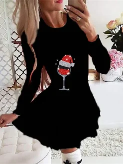 Women's Christmas Swing DressShort Mini Dress Green Dark Blue Red Light Blue Black Long Sleeve Plaid Santa Claus Snowflake Pleated Print Fall Winter Crew Neck Stylish Romantic 2022