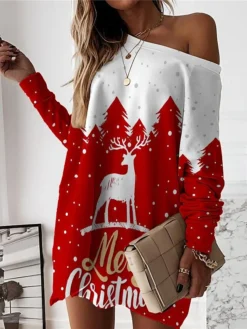 Women‘s Christmas Casual Dress Sweatshirt Dress Mini Dress Warm Fashion Outdoor Holiday Crew Neck Print Animal Snowman Loose Fit White Red Burgundy S M L XL XXL