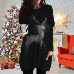 Women's Christmas T Shirt Dress Tee Dress Shift Dress Black Long Sleeve Animal Pocket Print Winter Fall V Neck Basic Casual Fall Dress Loose Fit S M L XL XXL 3XL / Winter Dress -Fashion Life Shop qnswrg1668165946357