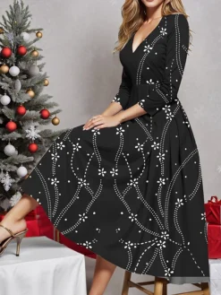 Women's Casual Dress Christmas Dress Winter Dress Snowflake Print V Neck Midi Dress Fashion Streetwear Outdoor Christmas 3/4 Length Sleeve Regular Fit Black Red Fuchsia Fall Winter S M L XL XXL -Fashion Life Shop qnwkkv1697194524125
