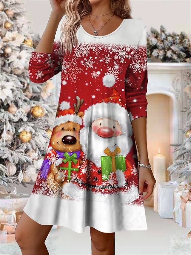 Women's Casual Dress Christmas Dress Winter Dress Santa Claus Snowman Print V Neck Mini Dress Fashion Streetwear Outdoor Christmas Long Sleeve Loose Fit White Dark Red Wine Fall Winter S M L XL XXL 1 Women's Casual Dress Christmas Dress Winter Dress Santa Claus Snowman Print V Neck Mini Dress Fashion Streetwear Outdoor Christmas Long Sleeve Loose Fit White Dark Red Wine Fall Winter S M L XL XXL