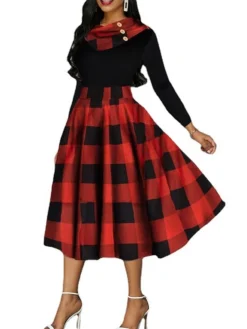 Women‘s Christmas Retro Elegant Vintage Dress Midi Dress Party Ruffle Patchwork Plaid Crew Neck Long Sleeve Regular Fit Fall Winter 2023 Red S M L XL -Fashion Life Shop qoumtp1695030847203