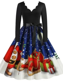 Women's Christmas Party Dress Knee Length Dress Purple Royal Blue Dark Blue Red Black Long Sleeve Elk Tree Bell Bow Print Fall Winter V Neck Vintage Elegant Party 2022 -Fashion Life Shop qpdpjk1632996776422