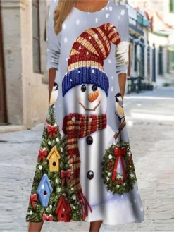 Women's Christmas Casual Dress Swing Dress Midi Dress Midi Dress Black Blue Navy Blue Half Sleeve Snowman Pocket Winter Fall Autumn Round Neck Fashion Christmas Daily 2022 S M L XL XXL 3XL -Fashion Life Shop qplryr1667815773847