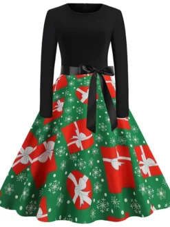 Women's Christmas Swing Dress Vintage Dress Midi Dress Green Blue Light Green Long Sleeve Santa Claus Bow Winter Fall Autumn Crew Neck Fashion Daily Date 2022 S M L XL XXL 3XL -Fashion Life Shop qppmhm1667894621059