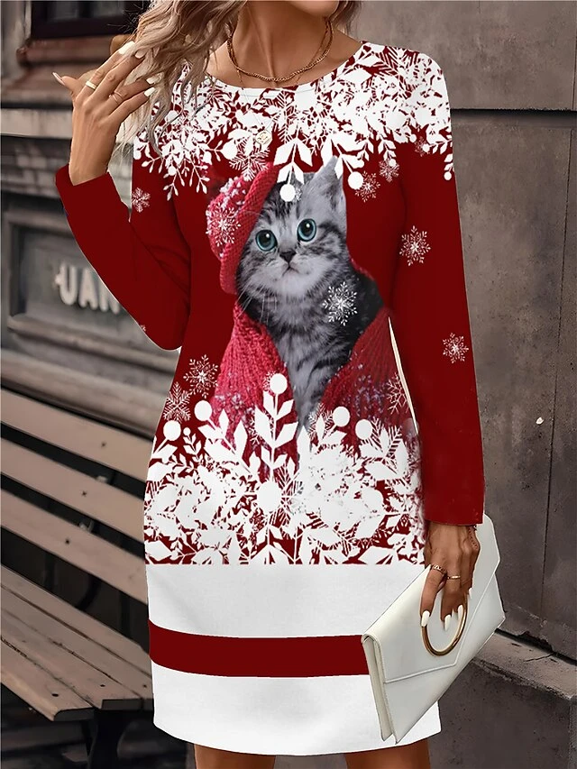 Women's Christmas Dress Plaid Dress Mini Dress Active Fashion Outdoor Christmas Holiday Crew Neck Print Geometric Snowman Snowflake Loose Fit Wine Red Blue S M L XL XXL 4 Women's Christmas Dress Plaid Dress Mini Dress Active Fashion Outdoor Christmas Holiday Crew Neck Print Geometric Snowman Snowflake Loose Fit Wine Red Blue S M L XL XXL - Image 4