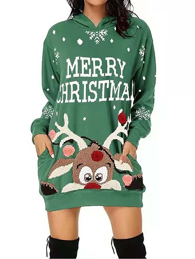 Women‘s Christmas Casual Dress Hoodie Dress Mini Dress Fashion Daily Outdoor Vacation V Neck Pocket Bell Regular Fit Black White Red S M L XL XXL 4 Women‘s Christmas Casual Dress Hoodie Dress Mini Dress Fashion Daily Outdoor Vacation V Neck Pocket Bell Regular Fit Black White Red S M L XL XXL - Image 4