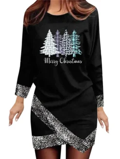 Women's Christmas Casual Dress Shift Dress Mini Dress Black Silver Gray Long Sleeve Plaid Print Winter Fall Autumn Crew Neck Loose Fit 2022 S M L XL XXL 3XL -Fashion Life Shop qqynpn1666761740785