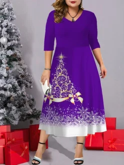 Women's Christmas Plus Size Curve Casual Dress Work Dress Swing Dress Christmas Tree Snowflake Midi Dress Half Sleeve Pocket Print V Neck Fashion Outdoor Wine Navy Blue Fall Winter L XL XXL 3XL 4XL -Fashion Life Shop qsexav1695713706637