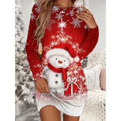 Women's Christmas T Shirt Dress Tee Dress Bodycon Mini Dress Wine White Long Sleeve Snowman Snowflake Print Winter Fall Crew Neck Vacation Casual Fall Dress Loose Fit 2022 S M L XL XXL 3XL 4XL 5XL 6XL -Fashion Life Shop qtmepc1668221219459