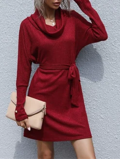 Women‘s Christmas Sweater Dress Jumper Dress Winter Dress Fashion Party Outdoor Christmas Street Crew Neck Long Sleeve Lace Up Ruched 2023 Loose Fit Black Wine S M L XL