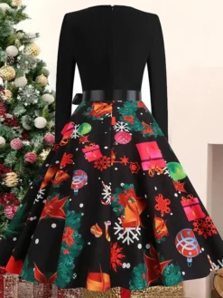 Women's Christmas Casual Dress Swing Dress Vintage Dress Midi Dress Black Wine Orange Long Sleeve Animal Bow Winter Fall Autumn V Neck 2022 S M L XL XXL 3XL -Fashion Life Shop qulxbr1668072729651