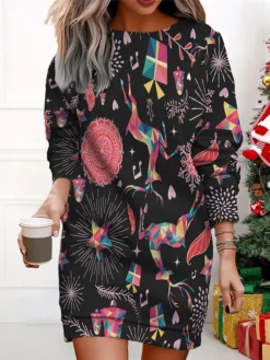Women's Christmas Casual Dress Sweatshirt Dress Mini Dress Warm Fashion Outdoor Vacation Crew Neck Print Santa Claus Snowman Christmas Tree Loose Fit ArmyGreen Black Red S M L XL XXL -Fashion Life Shop qutnze1695365369148