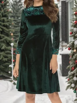 Women's Christmas Dress Winter Dress Casual Dress Midi Dress Lace Patchwork Outdoor Christmas Street Fashion Streetwear Crew Neck 3/4 Length Sleeve 2023 Regular Fit Dark Green Color S M L XL XXL Size