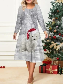 Women's Christmas Plus Size Curve Casual Dress Skater Dress A Line Dress Animal Christmas Tree Midi Dress Long Sleeve Print Crew Neck Fashion Outdoor White Blue Fall Winter L XL XXL 3XL 4XL -Fashion Life Shop qvvits1695813651055