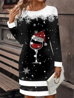 Women‘s Christmas Casual Dress Sweatshirt Dress Mini Dress Active Fashion Outdoor Holiday Crew Neck Print Tree Hat Loose Fit Black White Red S M L XL XXL