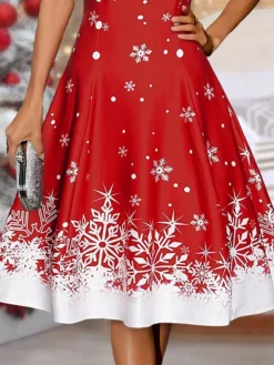 Women's Casual Dress Christmas Dress Winter Dress Snowflake Cold Shoulder Fleece Strap Midi Dress Fashion Streetwear Outdoor Christmas Short Sleeve Regular Fit Wine Fall Winter S M L XL XXL -Fashion Life Shop qwxpbx1697190864662