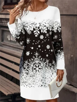 Women's Christmas Dress Casual Dress Mini Dress Active Fashion Outdoor Christmas Holiday Crew Neck Print Christmas Tree Snowflake Loose Fit Black White Blue S M L XL XXL