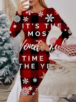 Women's Christmas Casual Dress Print Dress Wine Light Red Red Gray White Long Sleeve ElkTree Snowflake Print Winter Autumn Crew Neck Fashion Casual Fall Dress 2022 S M L XL 2XL 3XL 4XL 5XL 6XL -Fashion Life Shop qxphwl1666064473156