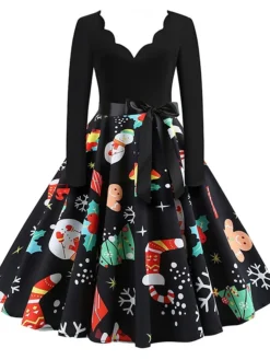 Women's Christmas Retro 1950s Vintage Dress Midi Dress Party Ruched Bow Fruit V Neck Long Sleeve Regular Fit Fall Winter 2023 Deep Green Black S M L XL -Fashion Life Shop qyaulc1695363821357