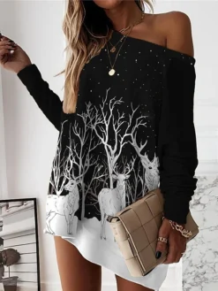 Women‘s Christmas Casual Dress Sweatshirt Dress Mini Dress Warm Fashion Outdoor Holiday Crew Neck Print Animal Tree Loose Fit Black Red Burgundy S M L XL XXL -Fashion Life Shop qycgzu1694590810482