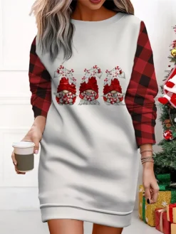 Women's Christmas Casual Dress Sweatshirt Dress Mini Dress Warm Fashion OutdoorVacation Crew Neck Print Geometric Santa Claus Loose Fit Wine Red Burgundy S M L XL XXL -Fashion Life Shop qzkvwt1695365426949