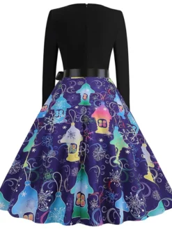 Women's Christmas Swing Dress Vintage Dress Midi Dress Green Blue Purple Long Sleeve Santa Claus Bow Winter Fall Autumn V Neck Fashion Daily Date 2022 S M L XL XXL 3XL -Fashion Life Shop qzoqvn1667894678697