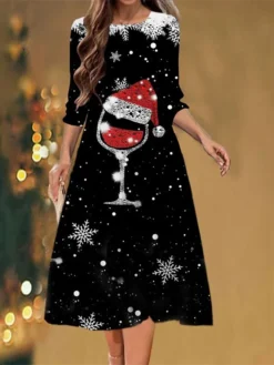 Women's Christmas Casual Dress Shift Dress Midi Dress Black 3/4 Length Sleeve Snowflake Ruched Winter Fall Autumn Fashion Christmas Daily 2022 S M L XL XXL 3XL